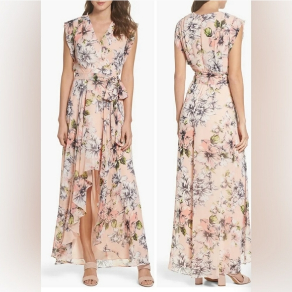 NWT Eliza J Size 14 Peach Floral High Low Faux Wrap Ruffle Tie Waist Maxi Dress - Picture 1 of 5